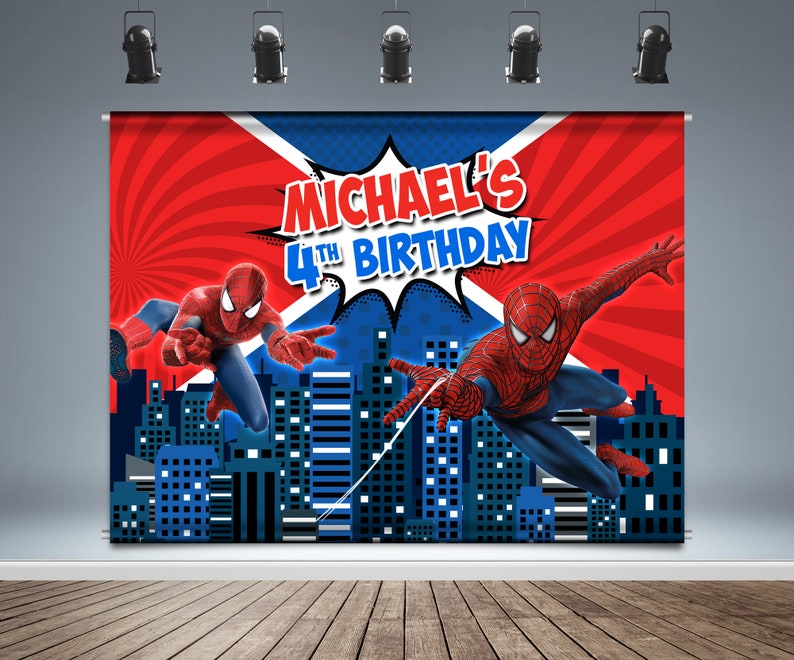 Spider man Backdrop Banner, Spider-man Birthday Background, Superhero Theme, Skyline, Cityscape, photo Booth, Vinyl Print, image 1