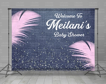 Jeans Step And Repeat Backdrop Banner, Blue And Pink, Feather Theme, Vip, Anniversary Decor, Custom Background, Sweet 16, Photo Booth,