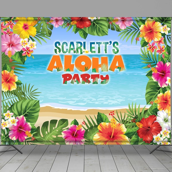 Tropical, Aloha Fiesta, Hawaiian, Backdrop Banner, Ocean Beach, Colorful Flowers, Palm Tree, Summer Sunny Theme, Photo Booth,