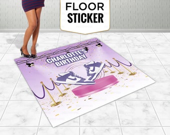 May include: Purple and white birthday floor sticker with the text "Charlotte's Birthday" and a pair of purple and white sneakers on a pink platform.