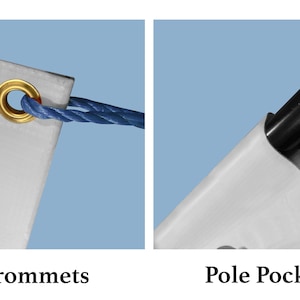 May include: Close-up of a white banner with a gold grommet and blue rope. The banner also features a pole pocket. Text at the bottom reads "Grommets" and "Pole Pocket". The background is a light blue.