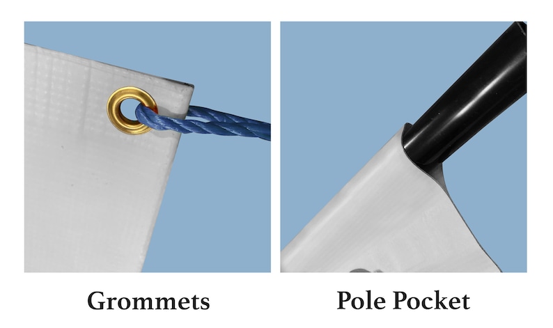 May include: Close-up of a white banner with a gold grommet and blue rope. The banner also features a pole pocket. Text at the bottom reads "Grommets" and "Pole Pocket". The background is a light blue.