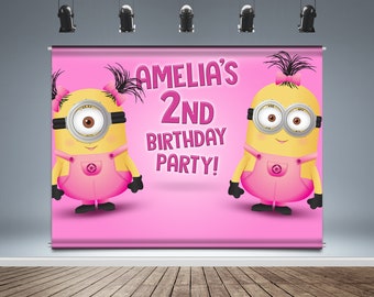 Girl Minions Backdrop Banner, Birthday Background, Despicable Me, Pink Theme, Vinyl Print, Party Decoration, Photo Booth,