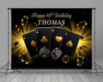 May include: A black backdrop with a gold glitter background and gold poker chips. Four playing cards with aces and different suits are in the center of the image. Two black dice are in front of the cards. The text "Happy 40th Birthday THOMAS" is at the top of the image.