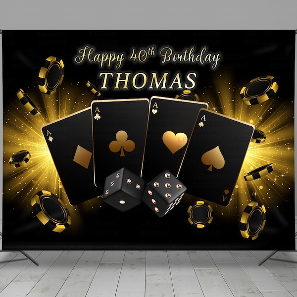 Casino Birthday Backdrop Banner, Black And Gold, Jackpot, Poker Game Cards, Las Vegas, Gambling, Anniversary, Custom Theme, Photo Booth,