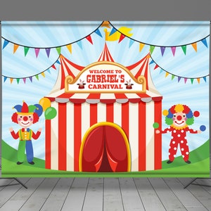 Circus Tent, Backdrop Banner, Carnival Theme, Cute Clown, Birthday Decoration, Kids Party, Editable, Party Decor, Photo Booth, afbeelding 1