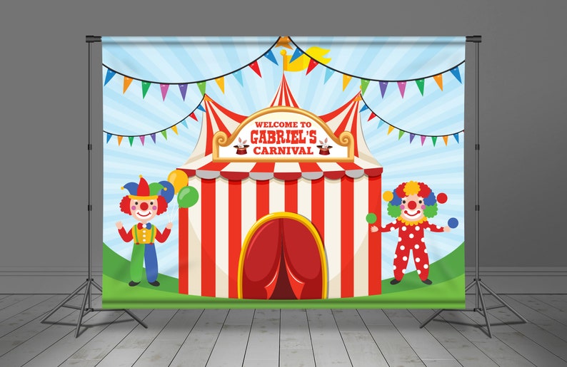 Circus Tent, Backdrop Banner, Carnival Theme, Cute Clown, Birthday Decoration, Kids Party, Editable, Party Decor, Photo Booth, afbeelding 1