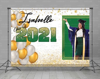 Graduation Backdrop, Class Of 2021, Green And Gold Backdrop, Prom Backdrop, Custom Grad Banner, Glitter Step And Repeat, Photo Booth,