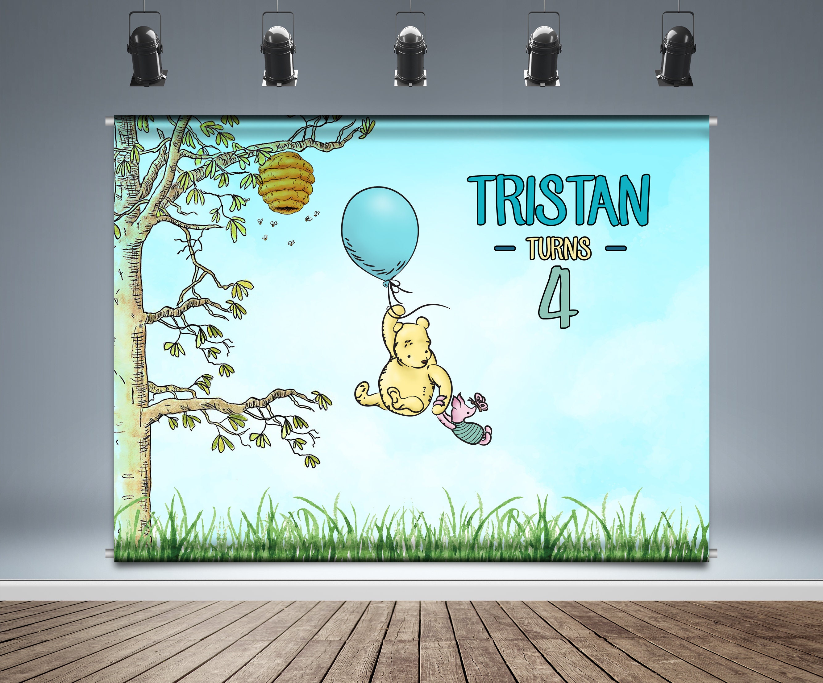 Winnie the Pooh Backdrop Banner, Birthday, baby Shower, Blue Background, Tigger, Piglet, Pooh with Balloon, Hive on the Tree,