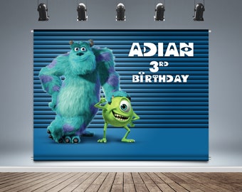 Monster Inc Backdrop Banner, Mike Wazowski, James P Sullivan, Birthday Blue Background, Photography Theme Booth, Vinyl Print,