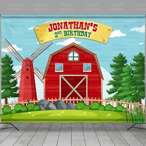 May include: A red barn with a white door and windows, a windmill, and green trees. The text "JONATHAN'S 2ND BIRTHDAY" is on a gold banner.