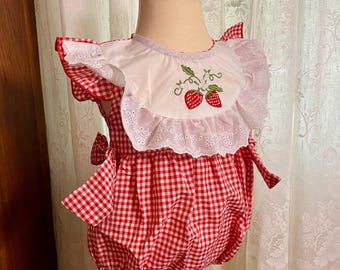Vintage Baby Girl Bubble, Red and White Gingham Romper with Lace Collar and Strawberry Embroidery
