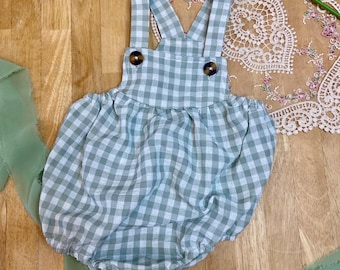 Vintage Baby Girl Bubble, Sage Green and White Gingham, Sleeveless, Overalls, 12-18 Months
