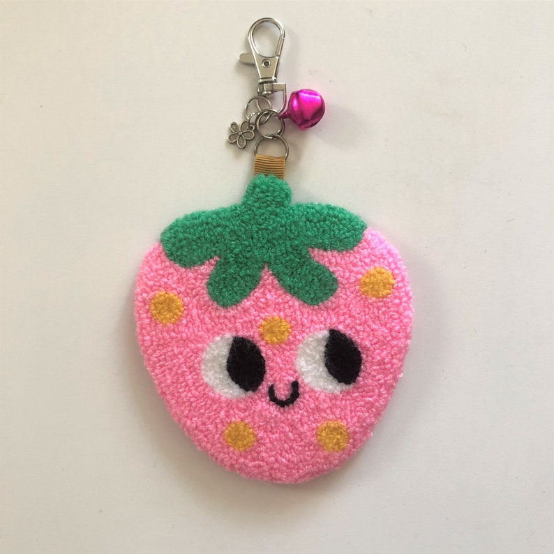 Handmade Punch Needle Bag Charm / Keychain Strawberry