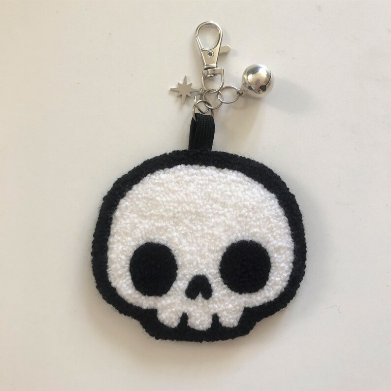 Handmade Punch Needle Bag Charm / Keychain Black Skull