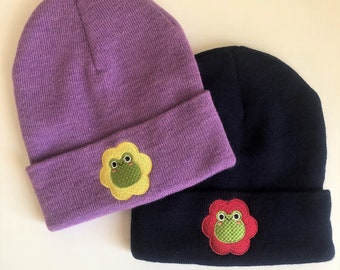 Frog Flower Embroidered Beanie