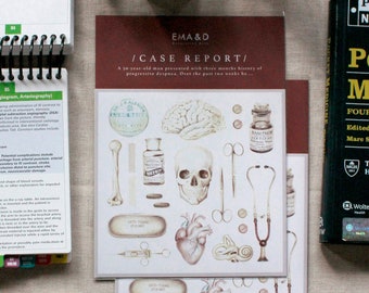 May include: A vintage medical illustration set featuring a skull, heart, brain, ear, and various medical tools. The illustrations are in a watercolour style with a brown and white colour scheme. The set includes the text "Case Report" and "EMA & D".