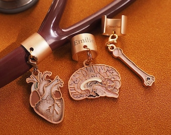 Stethoscope Charm, Customizable name ID tag ring medical doctor nurse veterinarian graduation gift accessory heart brain bone personalized