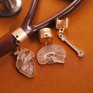 Stethoscope Charm, Customizable name ID tag ring medical doctor nurse veterinarian graduation gift accessory heart brain bone personalized