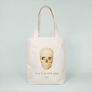 Halloween skull canvas tote bag with pockets skeleton handbag inspirational motivational quotes gifts human anatomy yolo