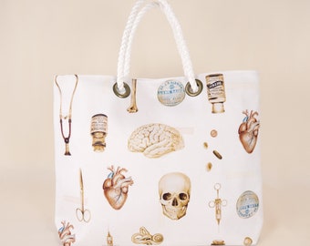 Reversible Anatomy Tote Bag: Medical Brain Heart Skull Print