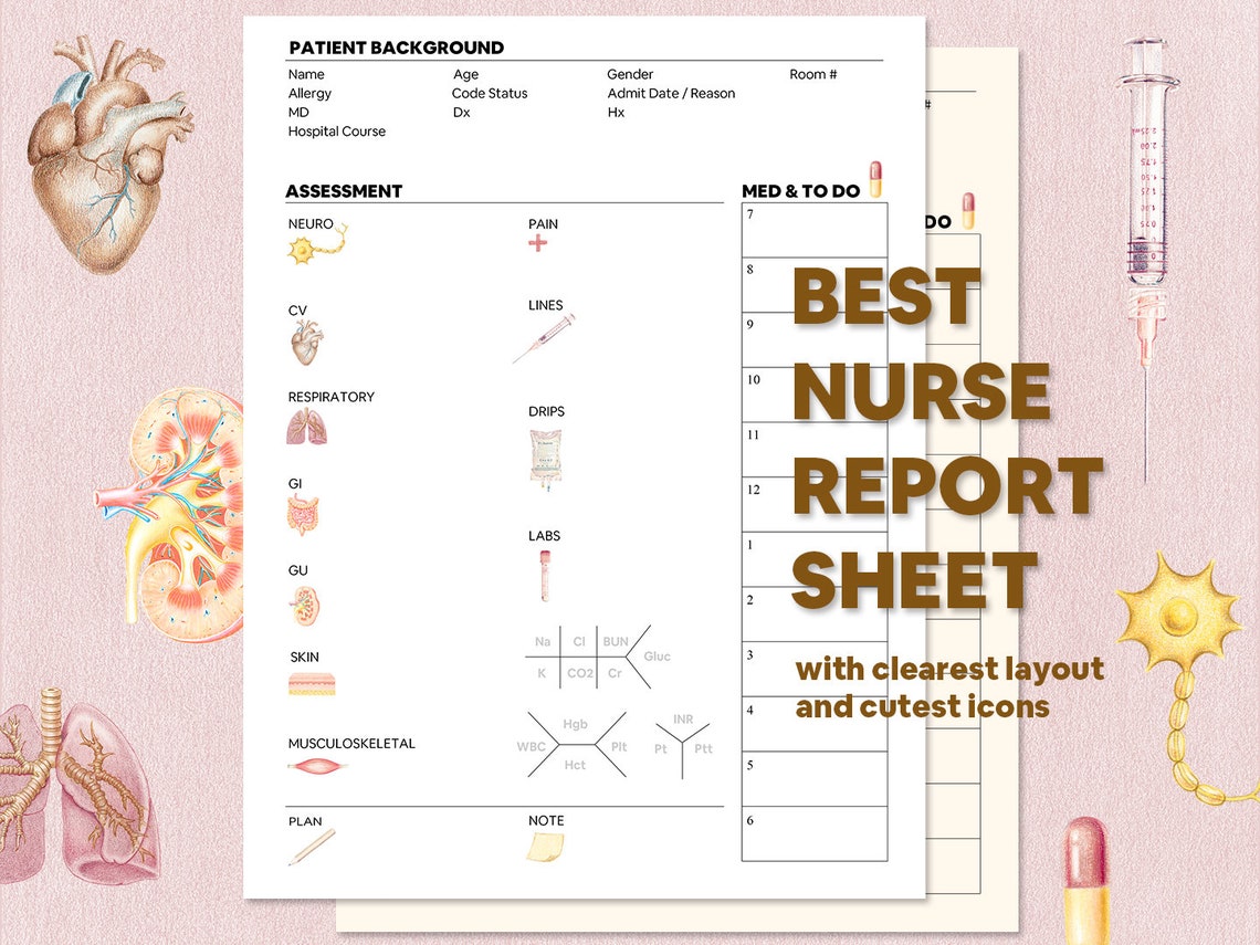 Nurse Report Sheet With Medical Icons, Nurse Brain Sheet Nursing ...