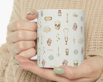 Anatomy Halloween Ceramic Coffee Mug, medical pattern cup doctor nurse thank you gift brain bone human anatomical heart skull art cute