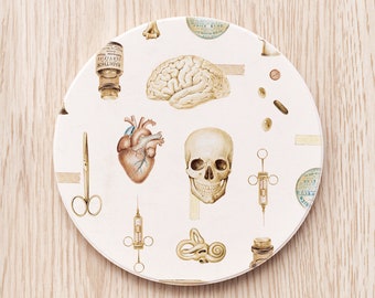 medical art custom coaster set, skull heart brain human anatomy art medical student future doctor nurse emt personalized gift ceramic