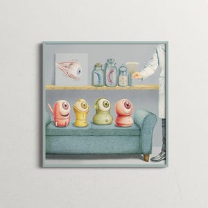 May include: Four cartoon eye characters sit on a blue couch in front of a shelf with jars and a diagram of an eye. The characters are pink, yellow, green, and red.