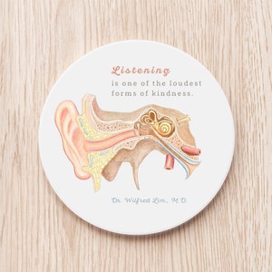 Ear Anatomy Ceramic Custom Coaster, Otolaryngologist ENT doctor nurse Audiology Audiologist personalized gift officed desk decor retirement