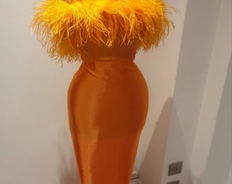 May include: A long, orange, strapless dress with a feather trim at the top and bottom. The dress is fitted and has a smooth, satin-like texture.