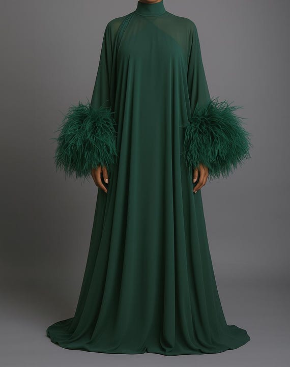 green feather sleeve dress Feather Trim Mini Dress Long Sleeve Cocktail Party Dress main image 0