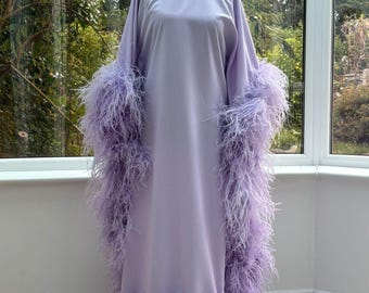 Custom Made Feather Trimmed Drape Crepe Dress Wedding Guest Outfit Bridal Dress Maternity Shoot Kaftan Sleeve Baby Shower Outfit Engagement