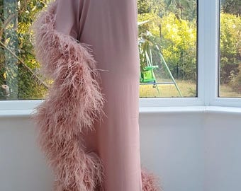 Peach Pink Asymmetric Feather Dress One Shoulder Dress Wedding Guest Outfit Bridal Dress Baby Shower Dress Feathers Kaftan Sleeve