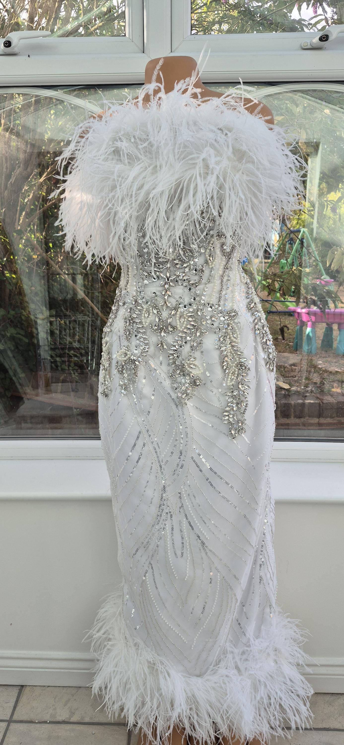 Handmade Luxury White Crystal Beaded Corset Ostrich Feather Dress Gown Custom Made to Measure Elegant Bridal Wedding Guest Outfit Feathers