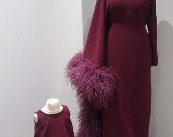 Mummy and Me Daughter Feather Dress First Birthday One Shoulder Dress Wedding Guest Outfit Bridal Dress Maternity Shoot Dress Feather
