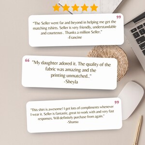 Pu&ograve; includere: Tre recensioni dei clienti con cinque stelle e citazioni sulla qualit&agrave; del prodotto e il servizio del venditore. Le recensioni sono su uno sfondo bianco con un bordo rosa chiaro.