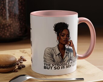 Taza "La lucha es real, pero mi Dios también", taza de café cristiana, taza de fe para mujer negra, regalo religioso inspirador para ella