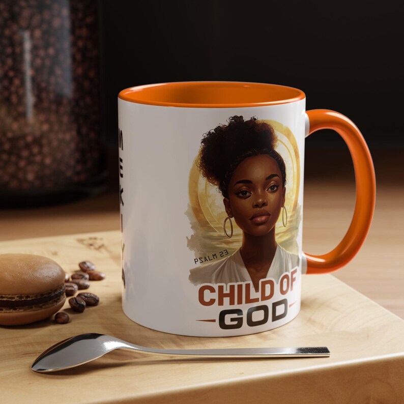 Taza personalizada "Niño de Dios", taza de café cristiana para mujer negra, regalo de fe personalizado, taza espiritual para mujer, artículos para beber con versículos bíblicos Orange