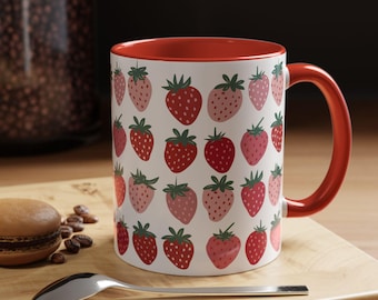 Taza de café con fresas: taza de té para amantes de la fruta, decoración de cocina, regalo de primavera