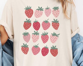 Erdbeer-Coquette-Shirt Botanischer Garten Shirt Erdbeerästhetisches Tshirt Komfort-Farbshirt Cottagecore-Shirt Frucht-T-Shirt Blumen-T-Shirt