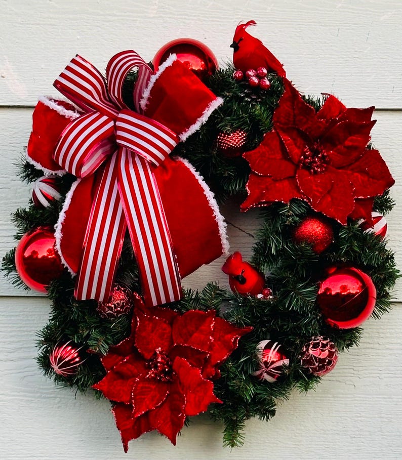 Christmas Wreath Red and White With Cardinals and Poinsettias Pine Base ...