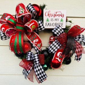 Christmas is my Favorite Wreath Luxury Festive Black White Harlequin Ribbon
