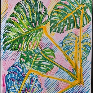 Arte botânica desenhada à mão – esboço colorido de Monstera, tinta sobre papel, pintura original feita à mão, única