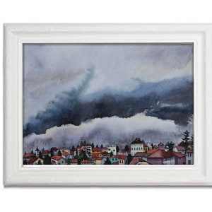 May include: Watercolor painting of a small town with red-roofed houses nestled in a valley, with a large, dark, stormy cloud above.