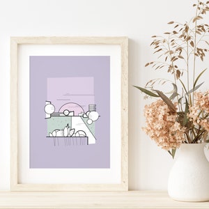 Balconyland – ilustracja w pastelowych kolorach | druk abstrakcyjny | Plakaty | Sylwetka miasta o zachodzie słońca – format DIN A4