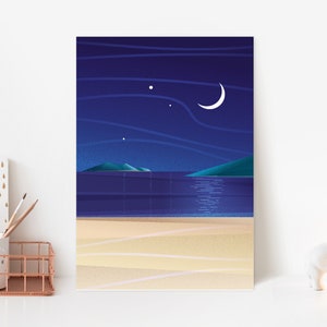 Urlaubsträume | Strand und Meer bei Mondlicht & Sternenhimmel | verträumtes Poster | Inseln, Mond und Sterne | Print im DIN A4 Format