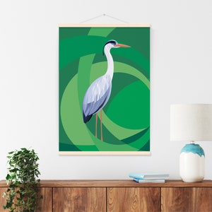Poster raffigurante un uccello "Airone cenerino", illustrazione naturale e decorazione murale per il soggiorno, la cameretta dei bambini o l'ufficio.