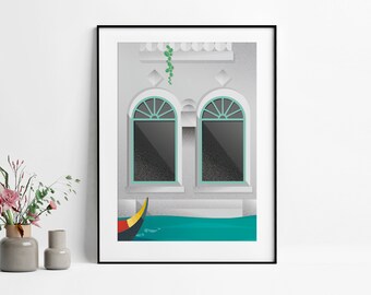 Venice on the Grand Canal | Gondolier and fish | Dreamy art print with typical Venetian facade and architecture | DIN A4