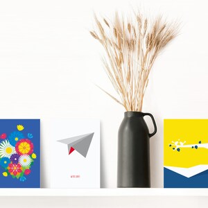 Ensemble de 3 cartes de vœux LUXE "Avion en papier, bouquet de fleurs et oiseaux" numérotées à la main et limitées : ensemble de cartes de haute qualité DIN A6, incl. enveloppe